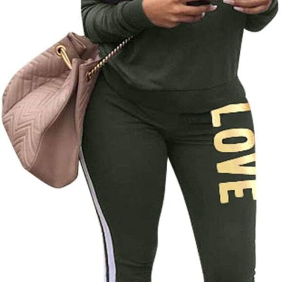 Chic Green Cowl Neck Jogger Set - Women's Letter Print Sweatshirt & Pants - Picture 1 of 8